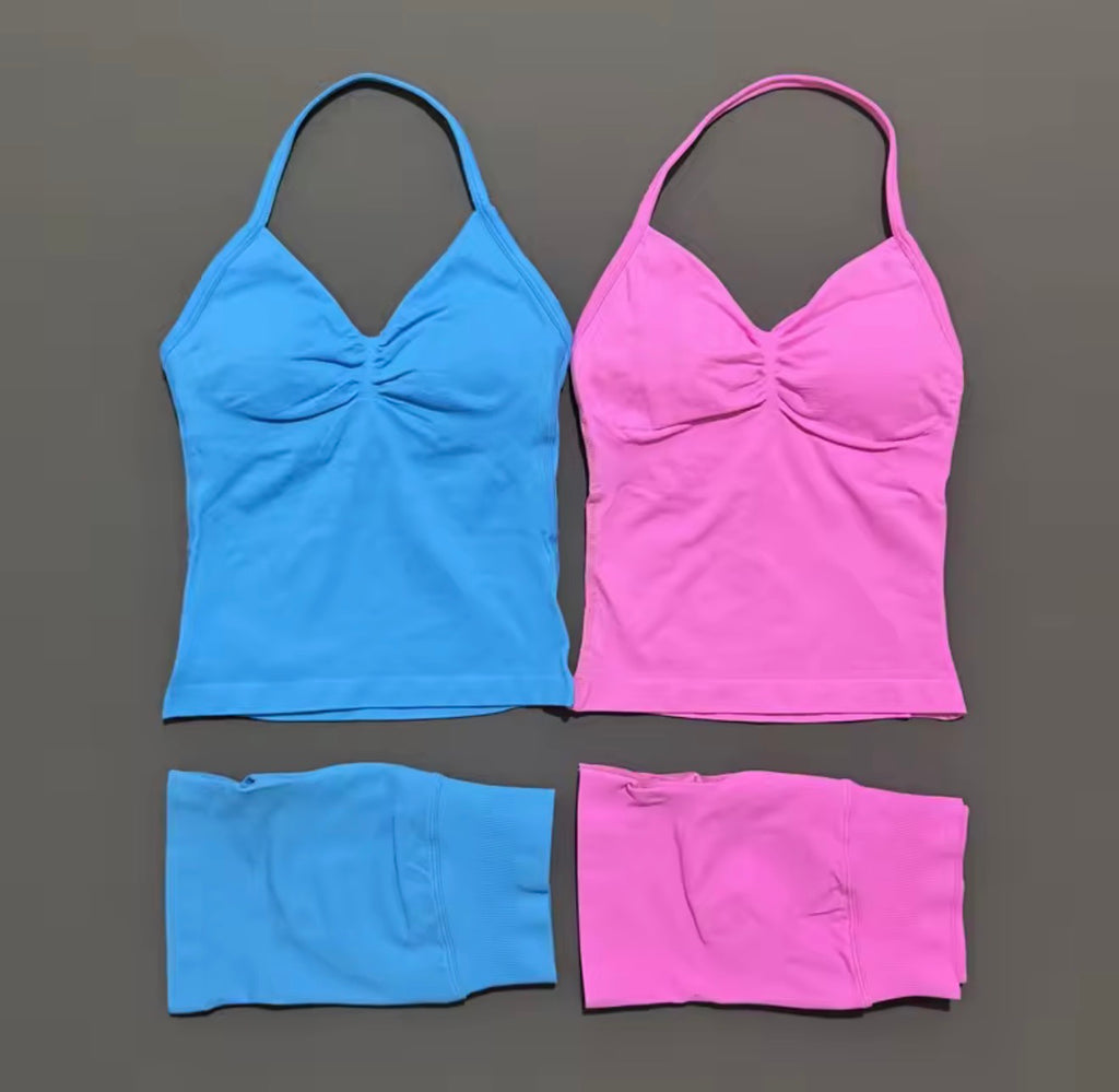 2 Piece Histello Sports Set Women Longline Strappy Top Seamless Yoga Tank Scrunch Butt Workout Shorts Suit Gym Sports Sets