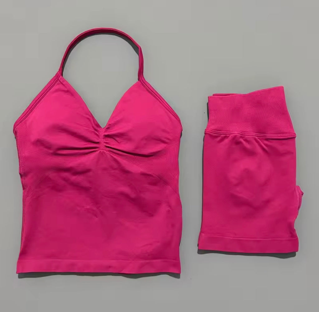 2 Piece Histello Sports Set Women Longline Strappy Top Seamless Yoga Tank Scrunch Butt Workout Shorts Suit Gym Sports Sets