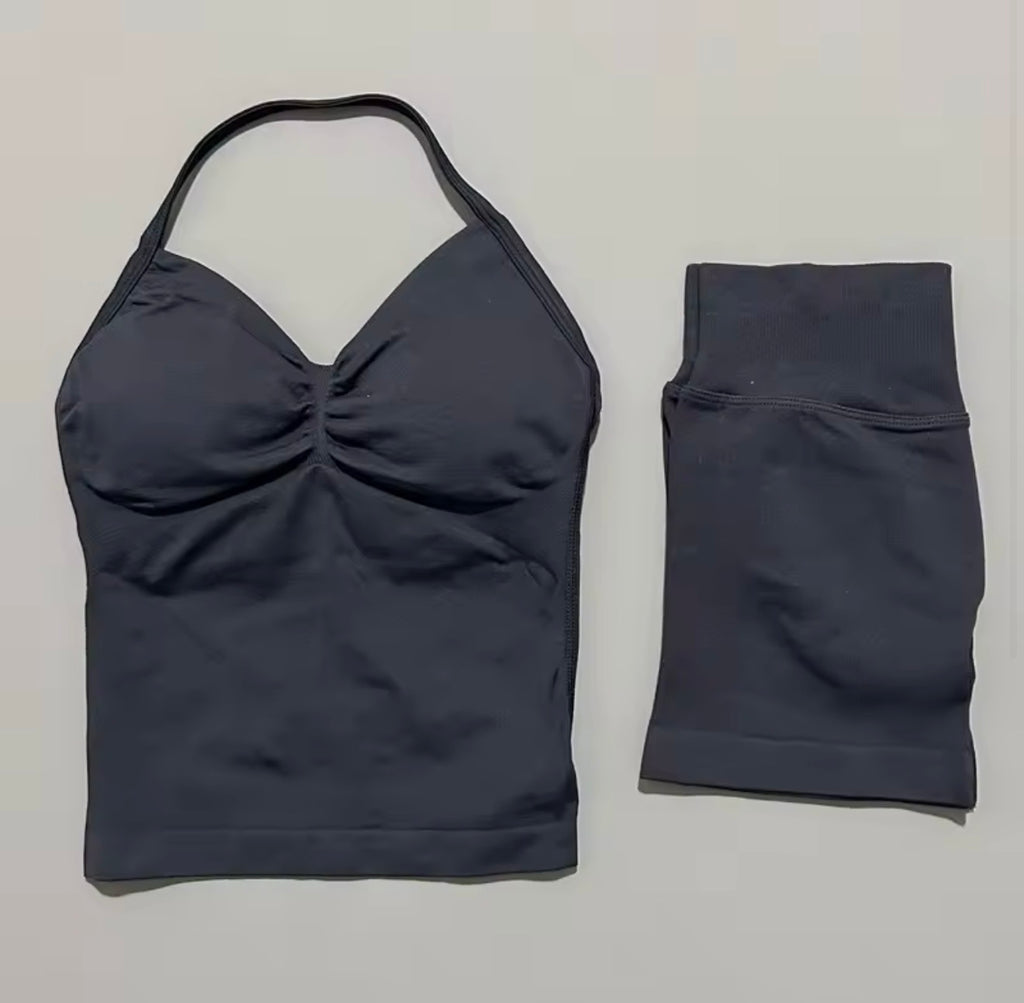 2 Piece Histello Sports Set Women Longline Strappy Top Seamless Yoga Tank Scrunch Butt Workout Shorts Suit Gym Sports Sets