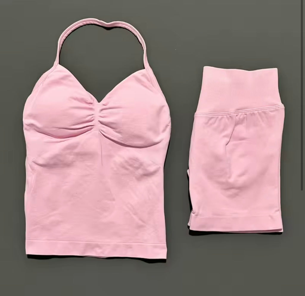 2 Piece Histello Sports Set Women Longline Strappy Top Seamless Yoga Tank Scrunch Butt Workout Shorts Suit Gym Sports Sets