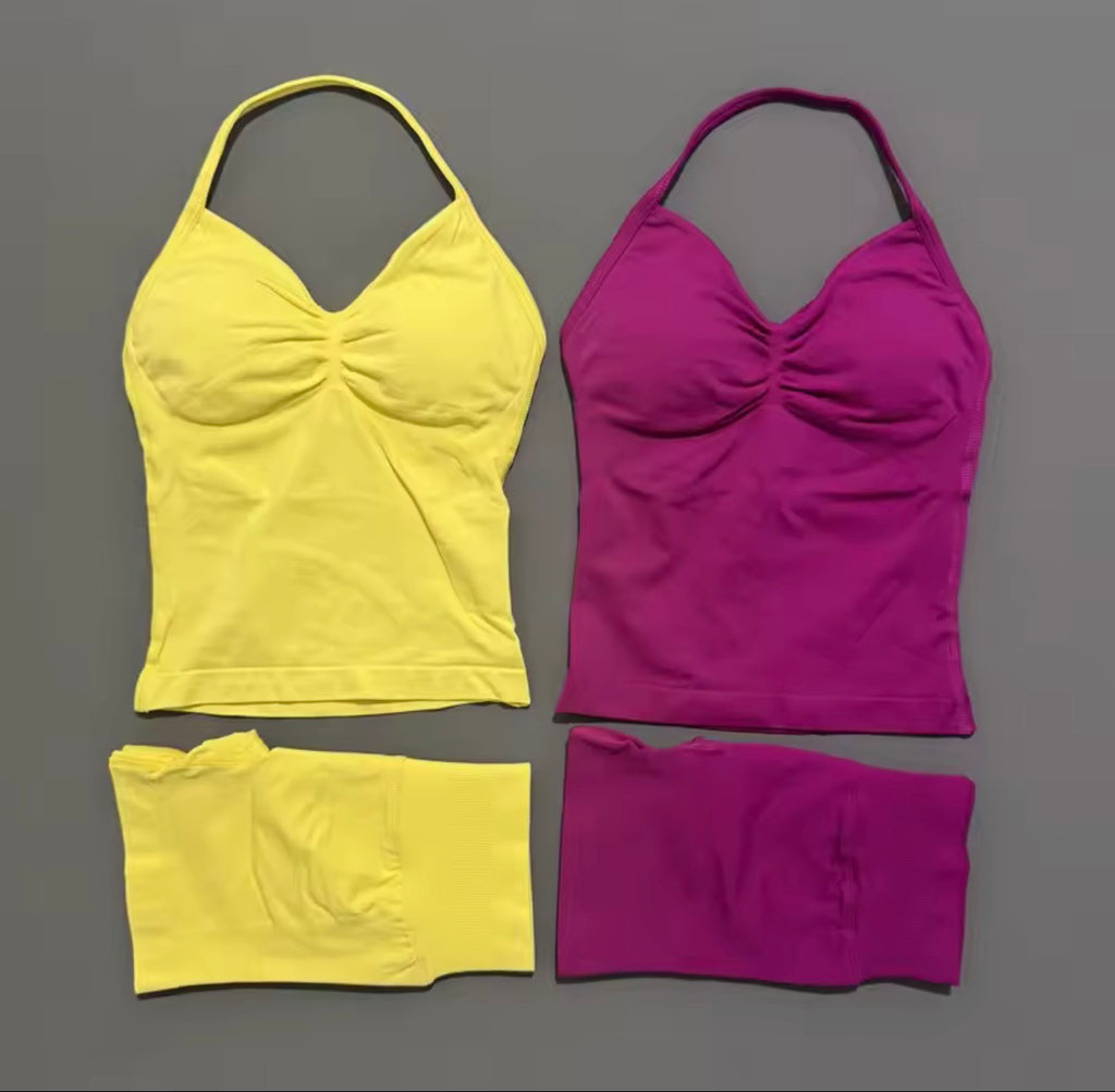 2 Piece Histello Sports Set Women Longline Strappy Top Seamless Yoga Tank Scrunch Butt Workout Shorts Suit Gym Sports Sets