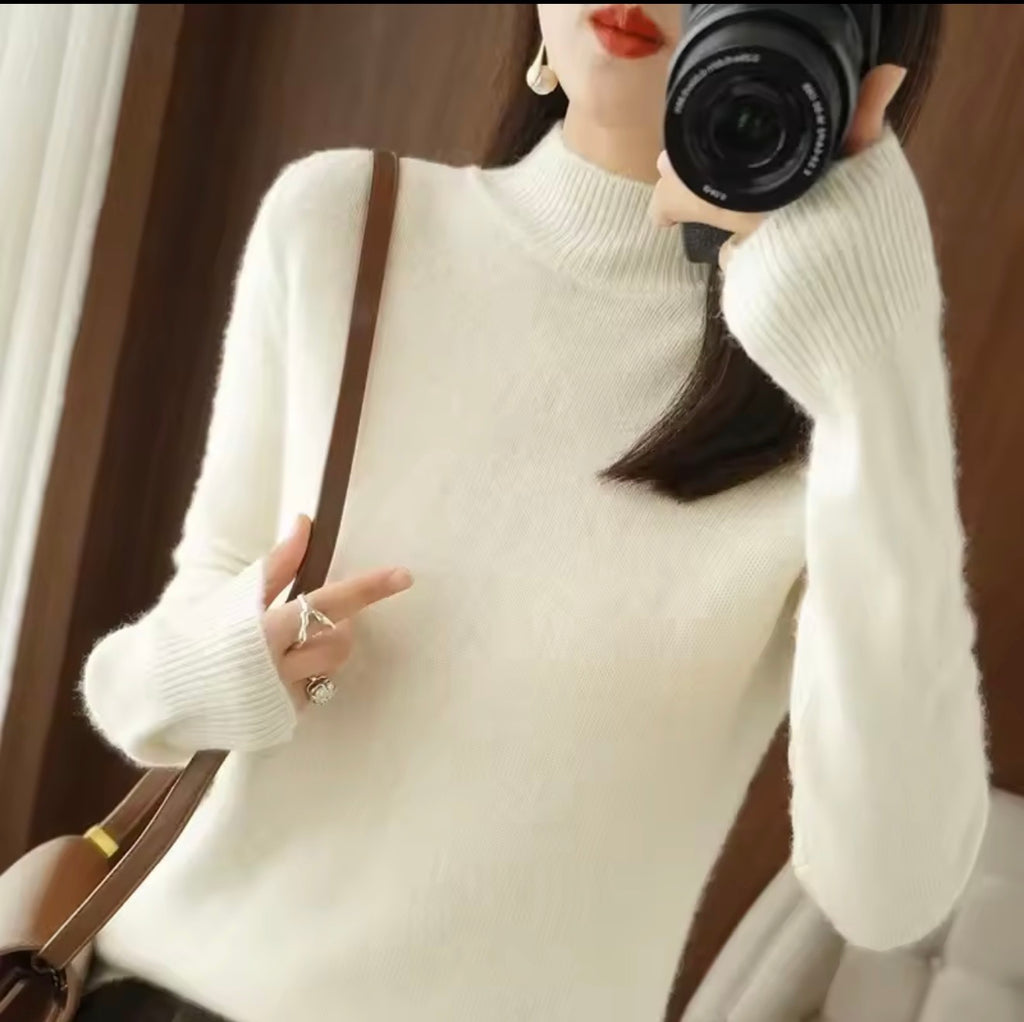 Autumn Winter Women Sweater Korean Fashion Warm Bottoming Shirts Half High Collar Basic Knitwear Solid Long Sleeve Pullovers