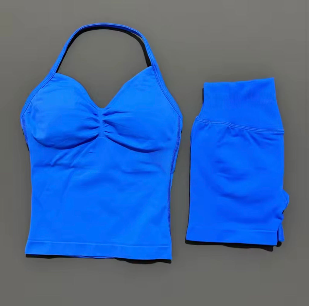 2 Piece Histello Sports Set Women Longline Strappy Top Seamless Yoga Tank Scrunch Butt Workout Shorts Suit Gym Sports Sets