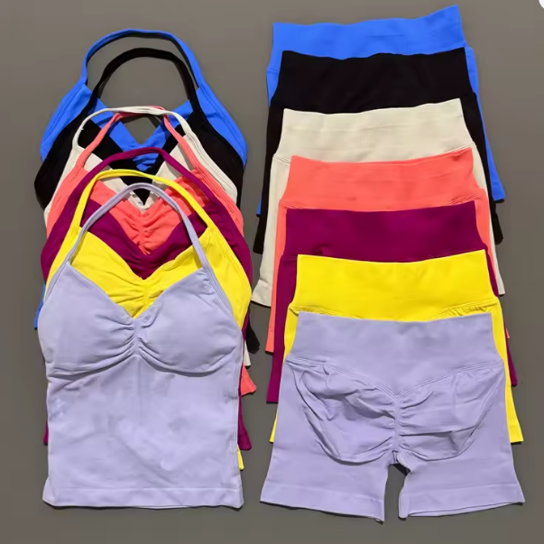 2 Piece Histello Sports Set Women Longline Strappy Top Seamless Yoga Tank Scrunch Butt Workout Shorts Suit Gym Sports Sets