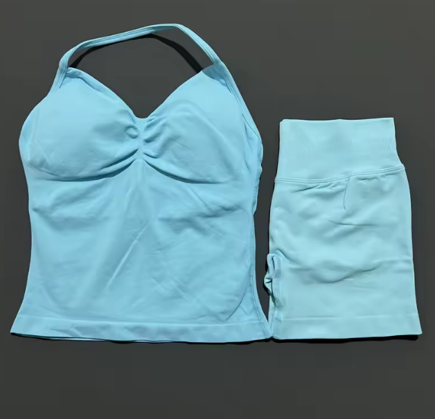 2 Piece Histello Sports Set Women Longline Strappy Top Seamless Yoga Tank Scrunch Butt Workout Shorts Suit Gym Sports Sets